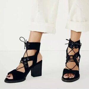 Free People LENNON Black Suede Lace-Up Gladiator Block Heel Sandal EU38 US (7-8)